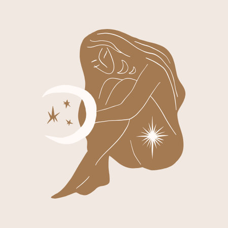 Sacred woman meditating magic Reiki silhouette drawing, Bali moon wild young girl moon child.のイラスト素材