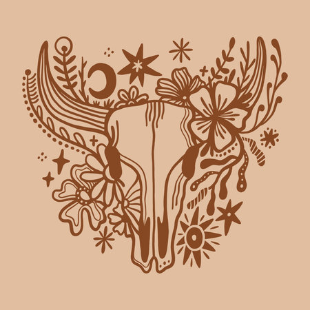Bohemian western cattle skull graphic with blooming desert plants, feminine desert rose aesthetic, rustic cowgirl branding element in minimalist engraving style, illustration for t-shirt print and more, elegant vector graphics clipart.のイラスト素材
