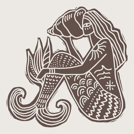Linocut style illustration minimalist mermaid goddess, traditional folk art aesthetics, modern line work linocut engraving vector clipart. Perfect for mystical decor, nautical folklore books and moreのイラスト素材
