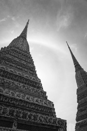 Texture of Thai pagoda with sun halo in blackwhiteの写真素材