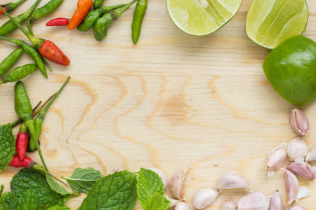 Chilli, lemon, garlic and mint are ingredient of Thai food.の写真素材