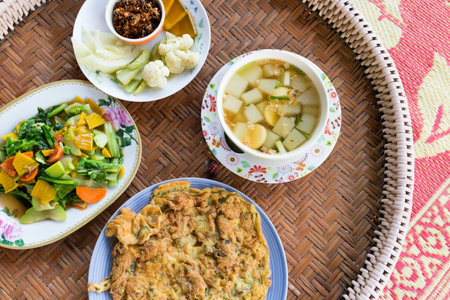 Four foods on circle tableの写真素材