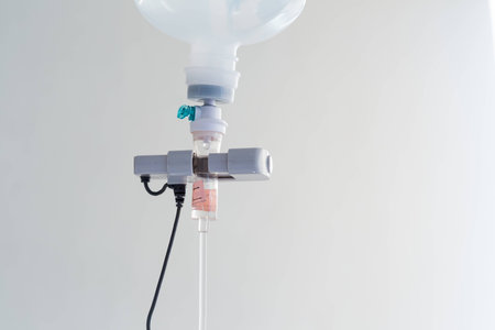 Close up valve of saline solution tube with clear backgroundの写真素材