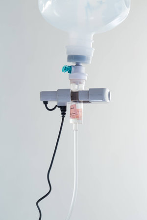 Close up valve of saline solution tube with clear background