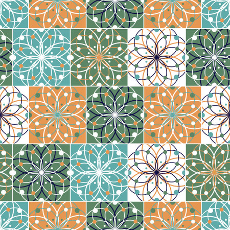 Portuguese tiles. Vector illustration of Azulejo on white background. Mediterranean style. Multicolor design.のイラスト素材