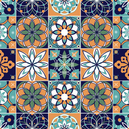 Seamless pattern with with Portuguese tiles. Vector illustration of Azulejo on white background. Mediterranean style. Multicolor design.のイラスト素材