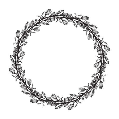 Vector illustration of hand drawn floral wreath. Ink drawing, graphic style, beautiful wedding design elementのイラスト素材