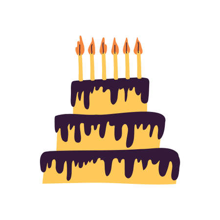 Bday cake with candles in three tiers. Holiday greeting card happy birthday. Festive elements on a black background with greeting text. Hand drawn vector illustration in Scandinavian styleのイラスト素材