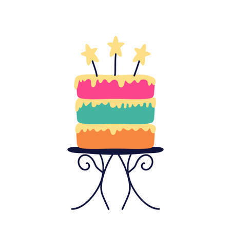 Festive multi-colored cake with candles in the form of stars. Vector illustration in hand drawn...