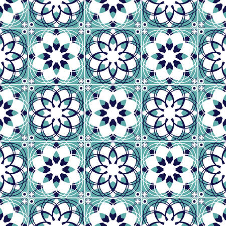 Vintage seamless pattern in Portugal style. Azulejo. Seamless patchwork tile in blue and white colors. Endless pattern can be used for ceramic tile, wallpaper, linoleum, textile, web page backgroundのイラスト素材