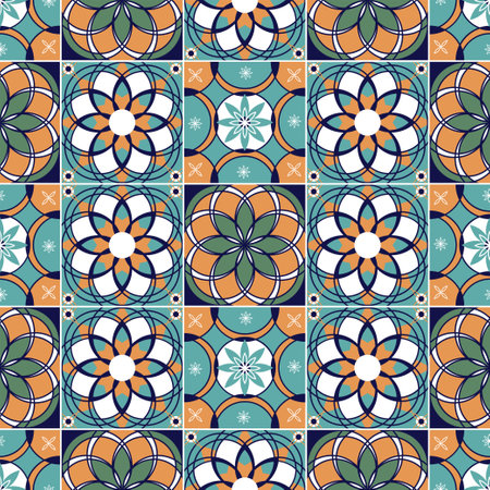 Seamless colorful patchwork tile with Islam, Arabic, Indian, ottoman motifs. Majolica pottery tile. Portuguese and Spain decor. Ceramic tile in talavera style. Vector illustration.のイラスト素材