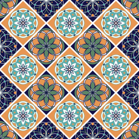 Seamless vintage pattern with an effect of attrition. Patchwork tiles. Hand drawn seamless abstract pattern from tiles. Azulejos tiles patchwork. Portuguese and Spain decor.のイラスト素材