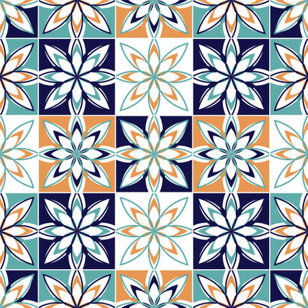 Seamless vector tile pattern. Colorful lisbon, mediterranean floral ornament pattern. Square flower mosaic. Arabic, Turkish, Pakistan, Moroccan, Portuguese motifs vectorのイラスト素材