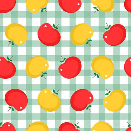Apple fruit. Fruit seamless background or wallpaper. Checkered plaid repeated design great for kitchen and food digital paper, textile, fabric, decor, wrapping. Vintage surface illustration.のイラスト素材