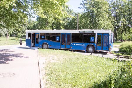 St. Petersburg, Russia-June 12, 2019. Street public toilet in the form of a bus. Sunny day.のeditorial素材