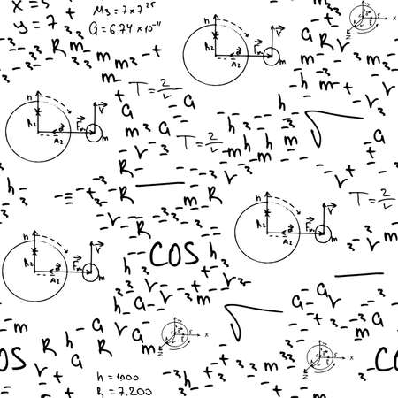 Flat monochrome vector seamless mathematical motif pattern. Cute doodle with algebraic expressions and symbols. Vector illustration , element for design. On a white background. Science. Knowledge.のイラスト素材