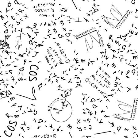Flat monochrome vector seamless mathematical motif pattern. Cute doodle with algebraic expressions and symbols. Vector illustration , element for design. On a white background. Science. Knowledge.のイラスト素材