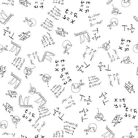 Flat monochrome vector seamless mathematical motif pattern. Cute doodle with algebraic expressions and symbols. Vector illustration , element for design. On a white background. Science. Knowledge.のイラスト素材