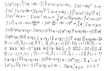 Quantum mechanics. Scientific formulas and expressions. Written by hand on a white background.のイラスト素材