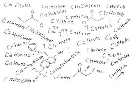 Chemical formulas. Scientific background on a white background. Hand-drawn. Vector image.のイラスト素材