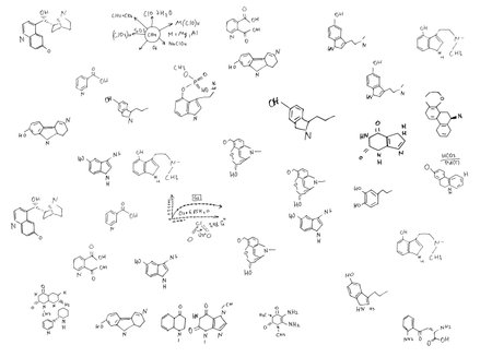 chemical formulas and elements.scientific background on white. hand-drawn.のイラスト素材