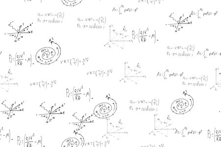 mathematical, physical, algebraic formulas and expressions. The scientific, vector background is hand-drawn on a white board.のイラスト素材