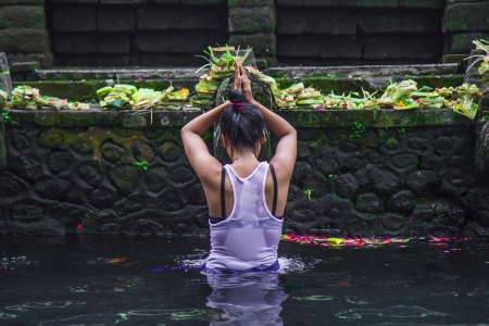 Holy water Pura Hindu in Bali Indonesiaの写真素材