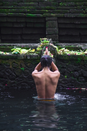 Holy water Pura Hindu in Bali Indonesiaの写真素材