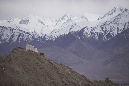 Namgyal Tsemo Gompa, buddhist monastery in Leh at sunset with dramatic sky. Ladakh, India.の写真素材