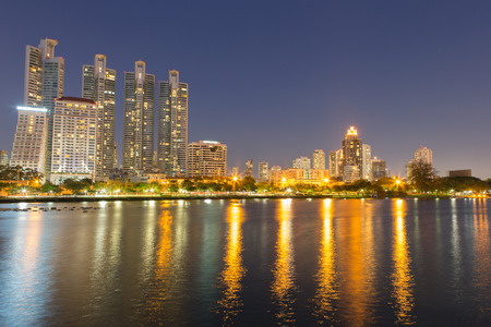 Modern Town in Bangkok cityscape with Reflection on Water, Thailandの写真素材