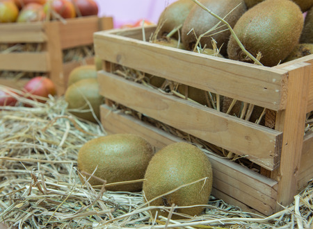 fresh kiwi in a wooden boxの写真素材