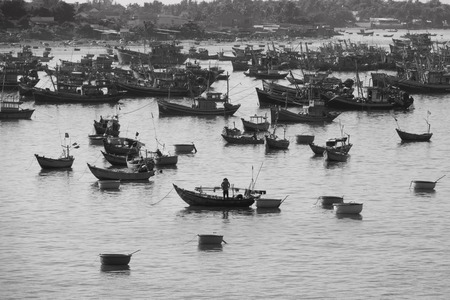 Black&White image of fishing boat on Mui Ne , Vietnamの写真素材