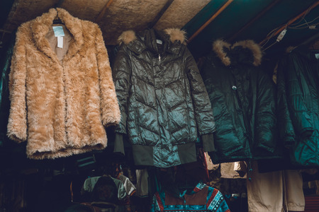 Men's clothing in a winter shop. Vintage clothes. Clothing of stylish man.の写真素材