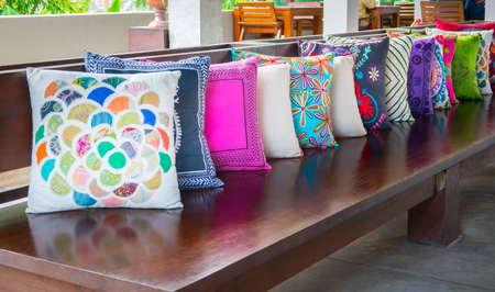 Decorative pillow natural Fabric on wood long chiarの写真素材