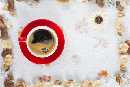 A red cup of coffee on beautiful dried flower with white backgroundの写真素材