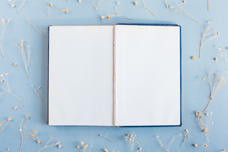 A book with blank page for copy and word  with dried flowerの写真素材