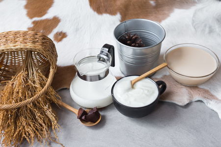 Yogurt and milk on a table with cowhideの写真素材