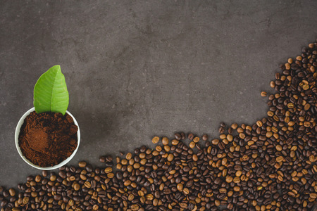 Coffee cup and coffee beans , flat lay image with copy space for your textの写真素材