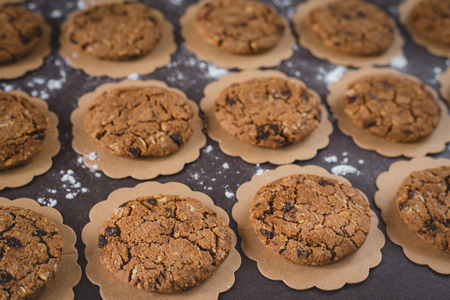 Row of delicious Chocolate Chip Cookies on a Trayの写真素材