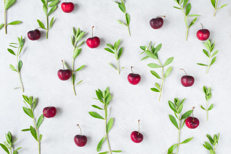 Red cherry on concrete ground with green plant  background idea concept , flat lay image