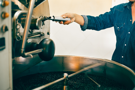 Hand of roaster holding a probe of fresh roasted coffee beans