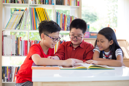Asian young girl&boys reading books on desk and happiness feel at library in thier schoolの写真素材