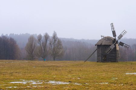 windmill in ukranian village at winter timeの写真素材