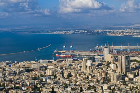 view to the port of Haifa in Israelの写真素材