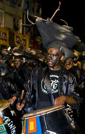 MONTEVIDEO,URUGUAY-FEBRUARY 5 2011: Candombe drummers in the Montevideo annual Carnaval ,  Candombe...