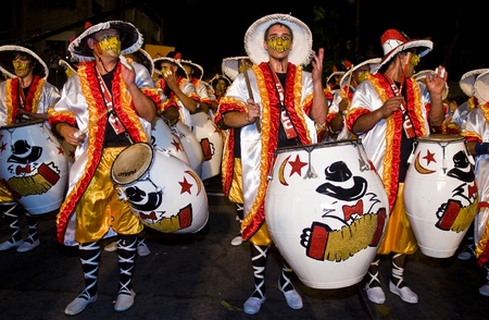 MONTEVIDEO,URUGUAY-FEBRUARY 5 2011: Candombe drummers in the Montevideo annual Carnaval ,  Candombe...
