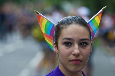 NEW YORK -  JUNE 26 : An unidentified participant celebrates gay pride parade after passing the same sex marrige bill in New York city on June 26 2011.のeditorial素材