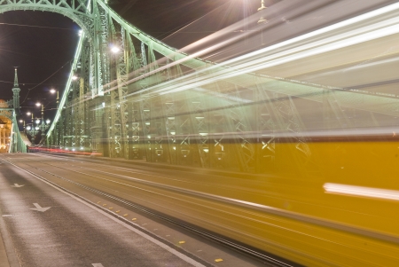 Night tram in motion in Budapest Hungaryの写真素材