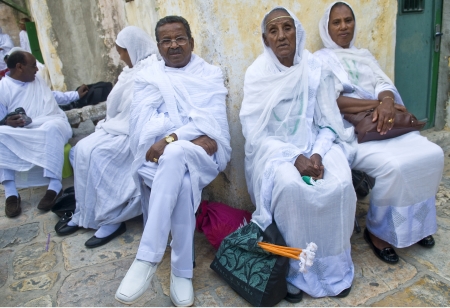 JERUSALEM - APRIL 14 : Ethiopian Orthodox worshipers await the start of the Holy fire ceremony at...