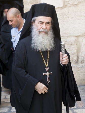 JERUSALEM - APRIL 13: The Greek Orthodox Patriarch of Jerusalem Theophilos III visit the church of the Holy Sepulcher in Jerusalem Israel during Easter on April 13 2012のeditorial素材